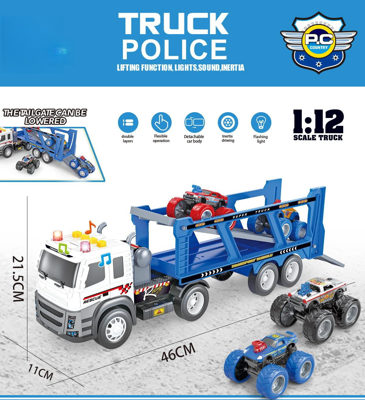 Light and sound Police trailer towing cars set